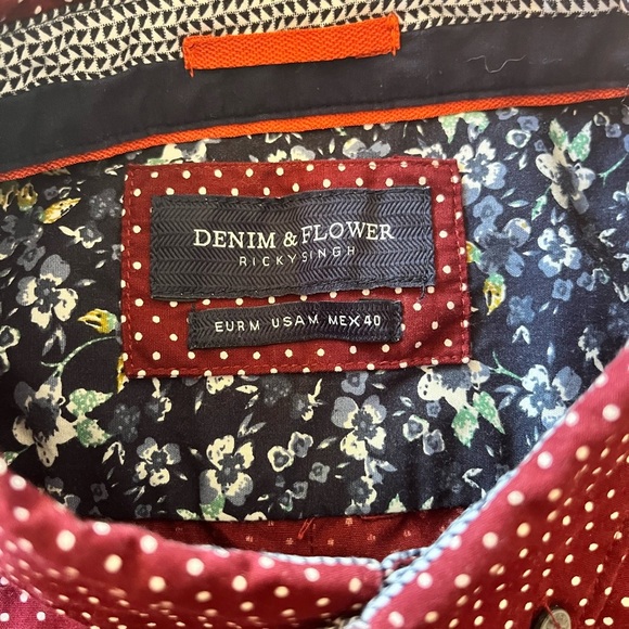 Denim & Flower Slim Fit Button Up Shirt Men's Sz M Burgundy Contrast Cuff Cotton - Picture 2 of 10